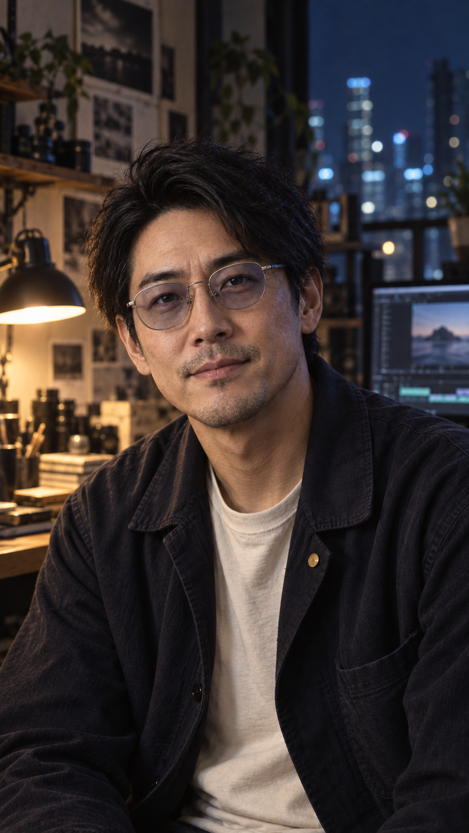 The official AI avatar of Studio Soil 26, wearing pale blue translucent glasses